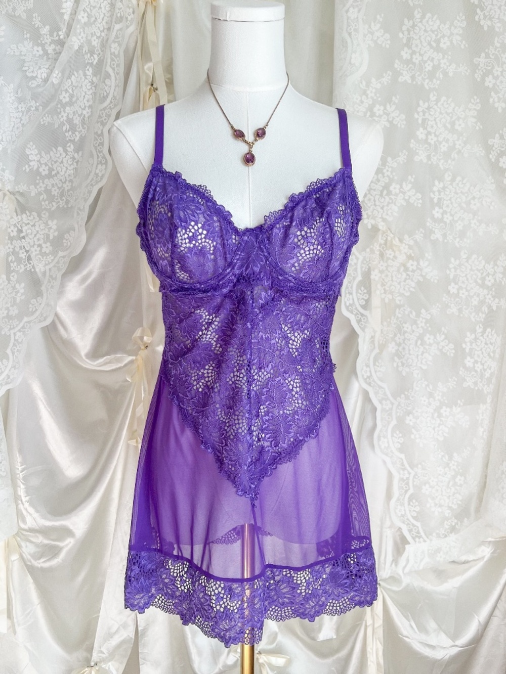 Purple Lace Babydoll Slip Dress Sheer Lingerie Fairycore Nightgown